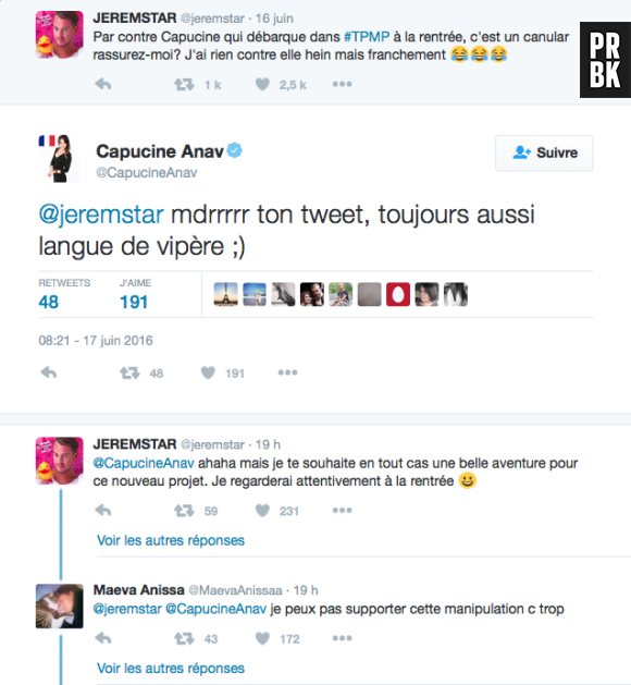 Capucine Anav dans TPMP : les réactions de Jeremstar et Maeva sur Twitter.