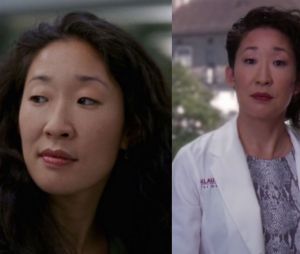 Sandra Oh (Cristina) lors de sa première apparition dans Grey's Anatomy VS lors de sa dernière apparition
