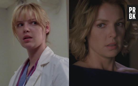 Katherine Heigl (Izzie) lors de sa première apparition dans Grey's Anatomy VS lors de sa dernière apparition