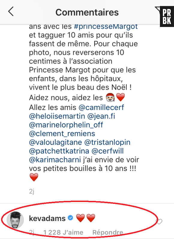 Iris Mittenaere répond au challenge de Kev Adams sur Instagram, il lui envoie deux émojis coeurs.