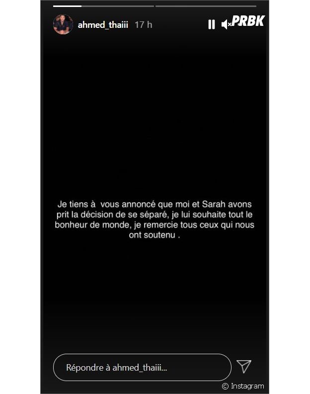 Ahmed confirme son divorce avec Sarah Fraisou sur Instagram