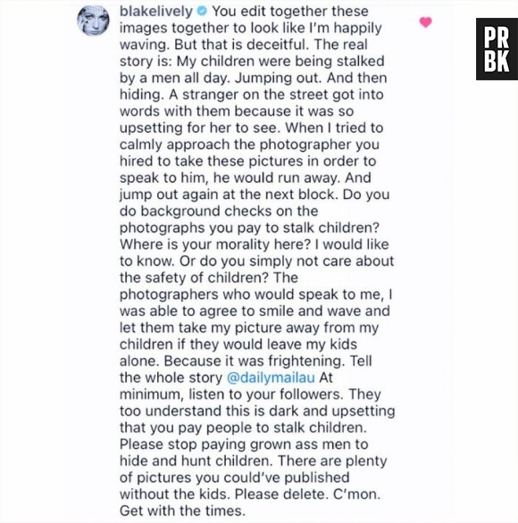 Blake Lively pousse un coup de gueule contre les paparazzi dans un message sur Instagram