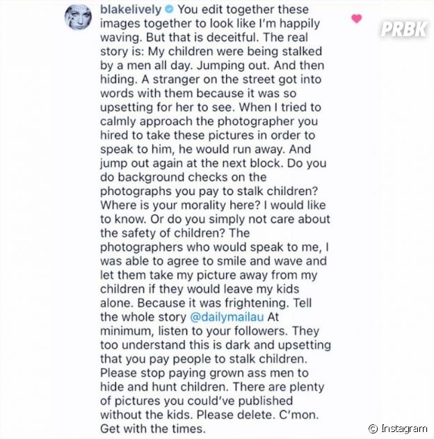 Blake Lively pousse un coup de gueule contre les paparazzi dans un message sur Instagram
