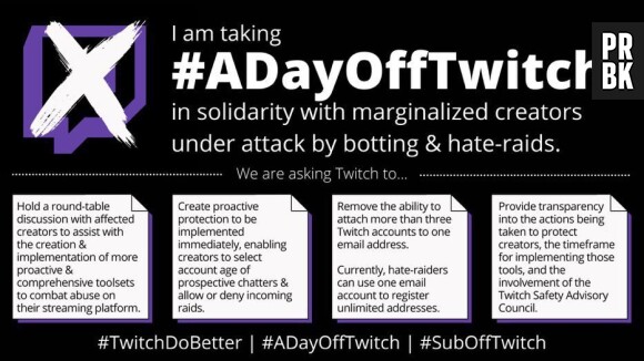 #ADayOffTwitch : de nombreux streamers boycottent Twitch pour lutter contre le harcèlement et la haine