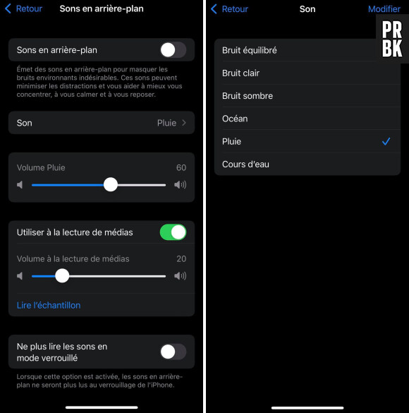 iOS 15 : sons en arrière-plan (océan, bruit blanc, pluie...)