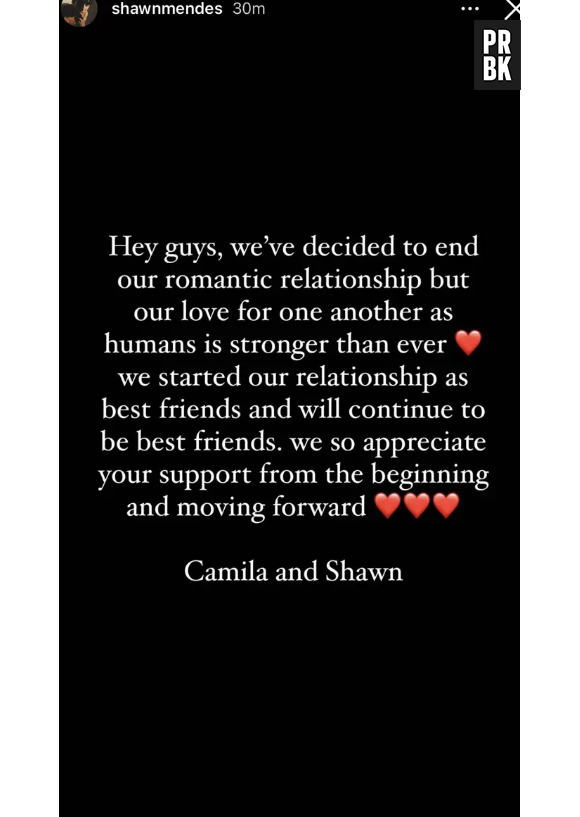 Story Instagram de Shwan Mendes, annonçant sa rupture avec Camila Cabello