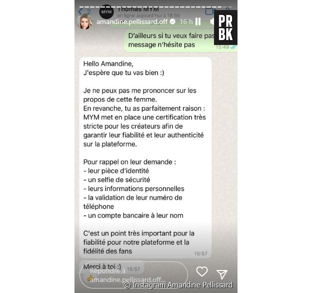 Amandine Pellissard dévoile une capture de sa conversation avec un dirigeant de MYM