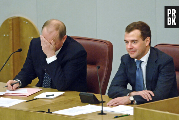 president Dmitry Medvedev (R) and prime minister Vladimir Putin on the podium of the lower chamber of the Russian parliament, the State Duma in Moscow, Russia, on May 08, 2008. Photo Grigory Sysoyev/ITAR-TASS/ABACAPRESS.COM