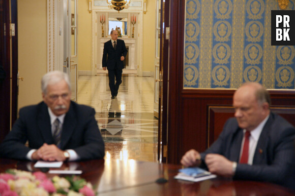Vladimir Putin (C background) whose candidacy for prime minister has been put forward to parliament, enters the hall for a meeting with parliamentary faction leaders in Moscow's Kremlin, Russia, on May 07, 2008. Front: State Duma speaker, United Russia leader Boris Gryzlov (L), and Communist leader Gennady Zyuganov. Photo by Mikhail Klimentyev/ITAR-TASS/ABACAPRESS.COM