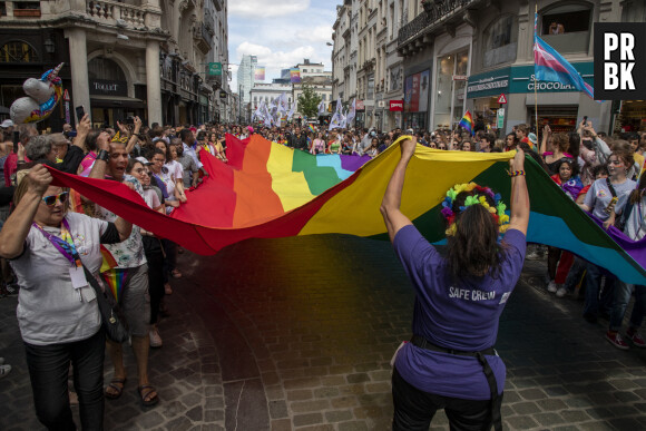 People carry a large rainbow flag at the 'Belgian Pride', a manifestation of lesbian, gay, bisexual and transgender oriented people, Saturday 21 May 2022 in Brussels. Photo by ABACAPRESS.COM
