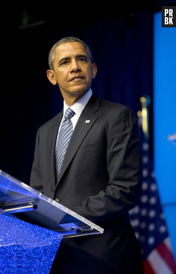 Le Président américain Barack Obama en visite officielle en Belgique, fait une conférence de presse, lors du sommet Union européenne-Etats-Unis, au Conseil Européen, à Bruxelles en Belgique le 26 mars 2014. 
