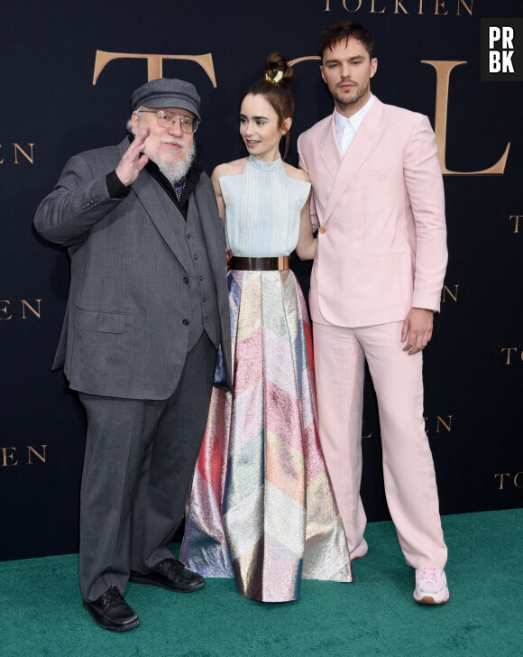 George R.R. Martin, Lily Collins and Nicholas Hoult at the \"Tolkien\" Los Angeles Premiere held at the Regency Village Theatre on May 8, 2019 in Westwood, Ca, USA. Photo by Janet Gough/AFF/ABACARESS.COM 