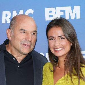 Vincent Moscato et Julie Hammett lors de la conférence de presse de rentrée BFM TV. - RMC du groupe Altice France à Paris, France, le 31 août 2023. © Coadic Guirec/Bestimage