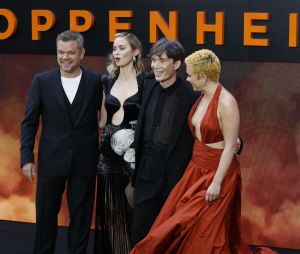 London, UNITED KINGDOM - Cast walk the 'charred' black carpet at tonight's premiere Pictured: Matt Damon, Emily Blunt, Cillian Murphy & Florence Pugh 