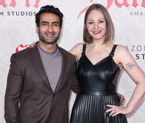 Los Angeles, CA - Celebrities attend the Los Angeles Premiere Of Amazon MGM Studios' 'Saltburn' held at The Theatre at Ace Hotel in Los Angeles. Pictured: Kumail Nanjiani, Emily V. Gordon 
