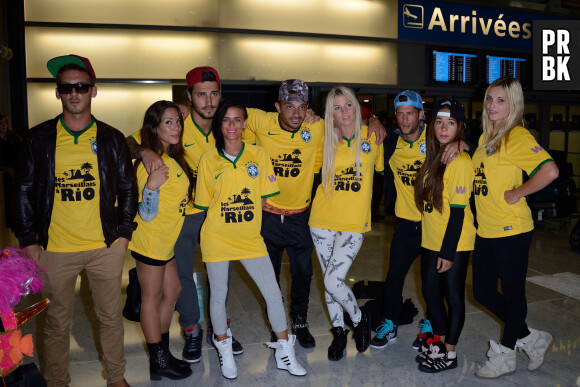 Micha, Kim, Kelly, Romain, Julien, Jessica, Paga, Stephanie et Charlotte de retour a Paris apres le tournage de l'emission 'Les Marseillais a Rio' pour W9, le 06 mars 2014, a l'aeroport Roissy Charles de Gaulle, Paris. Photo by Nicolas Briquet/ABACAPRESS.COM