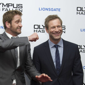 Gerard Butler et Aaron Eckhart - Premiere du film "Olympus Has Fallen" au BFI Imax de Waterloo a Londres. Le 3 avril 2013


