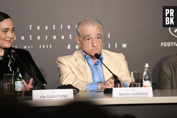 Lily Gladstone, Martin Scorsese à la conférence de presse du film Killers Of The Flower Moon" lors du 76ème Festival International du Film de Cannes le 21 mai 2023. © Pool / Bestimage