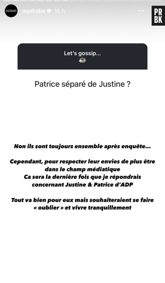 Aqababe met les choses au clair concernant Patrice et Justine.