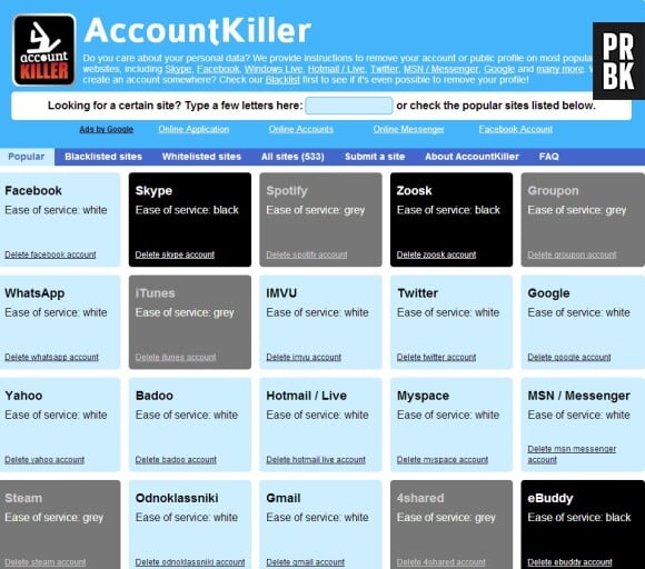AccountKiller classe les sites web sur liste noire, grise ou blanche