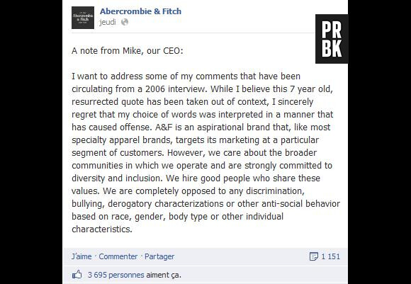 Mike Jeffries le PDG d'Abercrombie & Fitch s'explique sur Facebook