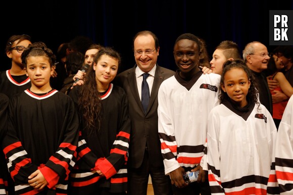 François Hollande assiste à un match d'improvisation théâtrale à l'Ecole de Musique et de Danse de Trappes, le 7 février 2014