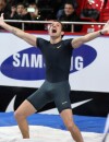  Renaud Lavillenie explose de joie apr&egrave;s son record du monde de saut &agrave; la perche en salle, le 15 f&eacute;vrier 2014 &agrave; Donetsk 