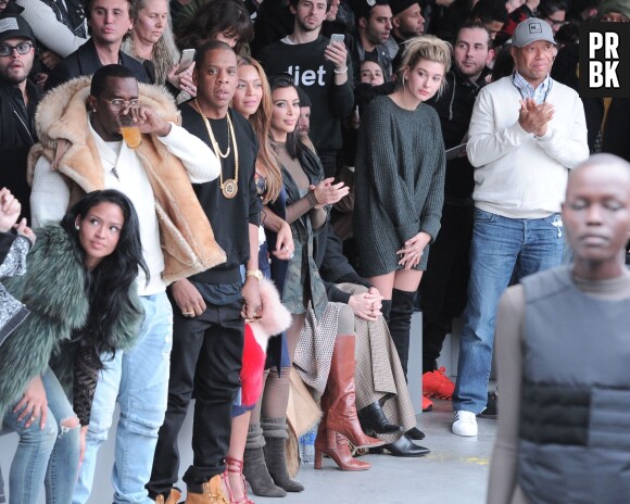 Cassie, Diddy, Jay Z, Beyoncé, Kim Kardashian et Hailey Baldwin au défilé Adidas x Kanye West, le 12 février 2015 à New York