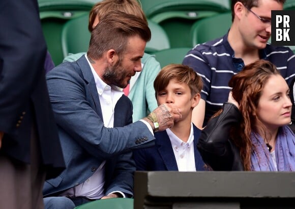 David Beckham et son fils Romeo lors des quarts de finale de Wimbledon, le 8 juillet 2015