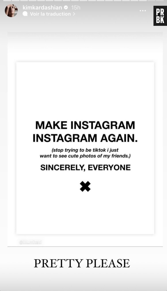 Kim Kardashian partage le post qui se plaint de la mise à jour d'Instagram.