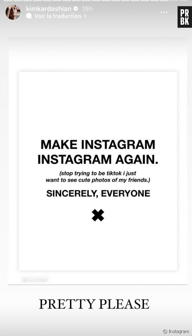 Kim Kardashian partage le post qui se plaint de la mise à jour d'Instagram.