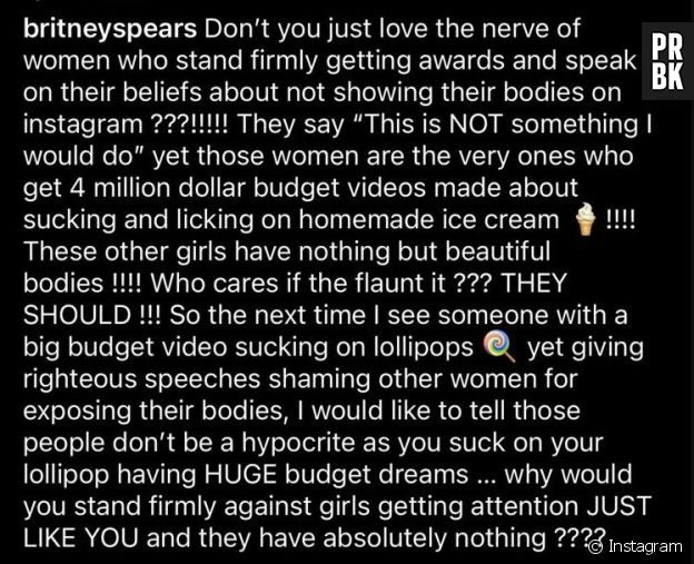 Britney Spears a poussé un coup de gueule contre les femmes qui ont critiqué ses nudes sur Insta. "Ne sois pas une hypocrite !" a-t-elle notamment écrit, et ce serait notamment adressé à Selena Gomez selon les fans.