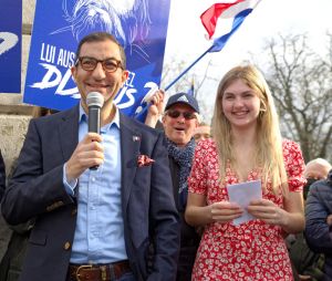 Jean Messiha, Thais d'Escufon, porte-parole de Génération identitaire lors de la manifestation de Génération Identitaire place Denfert Rochereau à Paris le 20 février 2021. © Justine Sacrèze / Bestimage