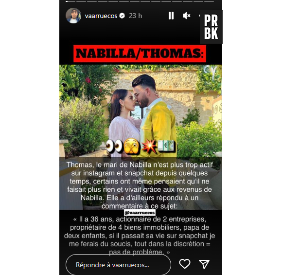 Nabilla justifie l'absence de Thomas sur les réseaux sociaux et assure ne pas l'entretenir
