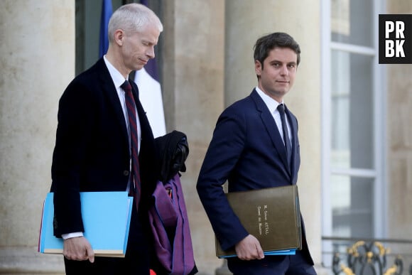 Franck Riester et le ministre délégué aux Comptes publics, Gabriel Attal à la sortie du Conseil des ministres, au palais de l'Elysée, Paris, le 13 avril 2023 © Stéphane Lemouton / Bestimage