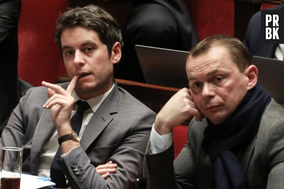 Le ministre français du Travail, Olivier Dussopt et le ministre délégué aux Comptes publics, Gabriel Attal lors de la dernière journée de débat du projet de loi sur les retraites à l'Assemblée nationale, Paris, le 17 février 2023 © Stéphane Lemouton / Bestimage