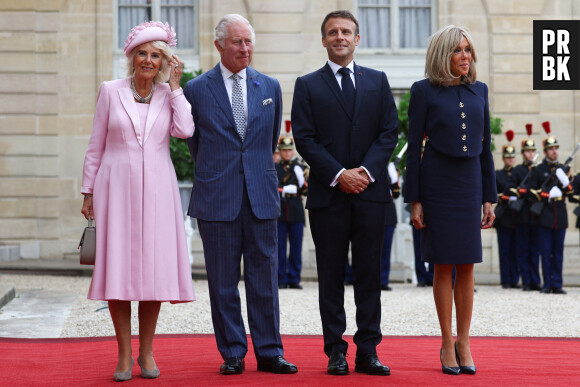 Le roi Charles III d'Angleterre et la reine consort Camilla Parker Bowles reçus au palais de l'Elysée à Paris par Emmanuel Macron et sa femme Brigitte, à l'occasion de leur visite officielle de 3 jours en France, le 20 septembre 2023.
