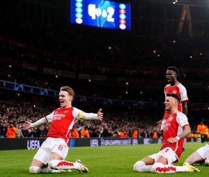 Arsenal&#039;s Martin Odegaard, Ben White, Bukayo Saka and Declan Rice celebrate after winning the penalty shoot-out of the UEFA Champions League Round of 16, second leg match at the Emirates Stadium, London. Picture date: Tuesday March 12, 2024. ... Arsenal v FC Porto - UEFA Champions League - Round of 16 - Second Leg - Emirates Stadium ... 12-03-2024 ... London ... UK ... Photo credit should read: Zac Goodwin/PA Wire. Unique Reference No. 75605158 ... See PA story SOCCER Arsenal. Photo credit should read: Zac Goodwin/PA Wire. RESTRICTIONS: Use subject to restrictions. Editorial use only, no commercial use without prior consent from rights holder. 