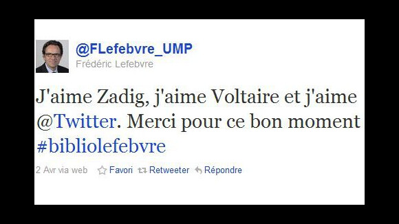 Frédéric Lefebvre ... Sa réaction sur Twitter après son lapsus Zadig & Voltaire