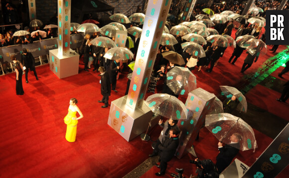 Marion Cotillard pose pendant que les autres attendent sous leurs parapluies aux BAFTA 2013
