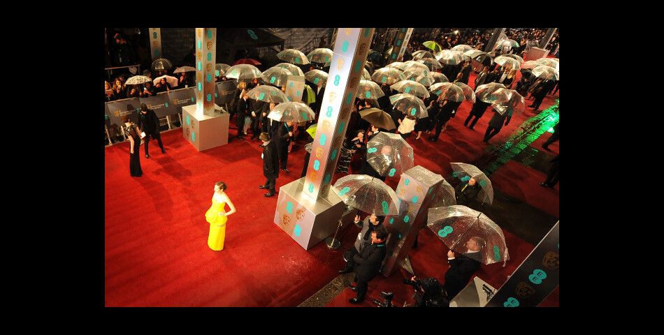 Marion Cotillard pose pendant que les autres attendent sous leurs parapluies aux BAFTA 2013