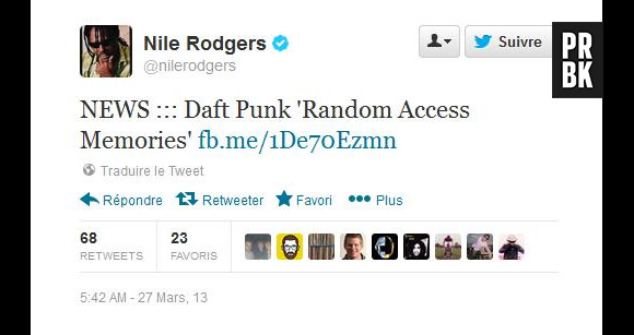 Nile Rodgers le leader de Chic a retweeté l'article d'iammusic.tv. Une manière de confirmer la participation de Pharrell à l'album des Daft Punk ?