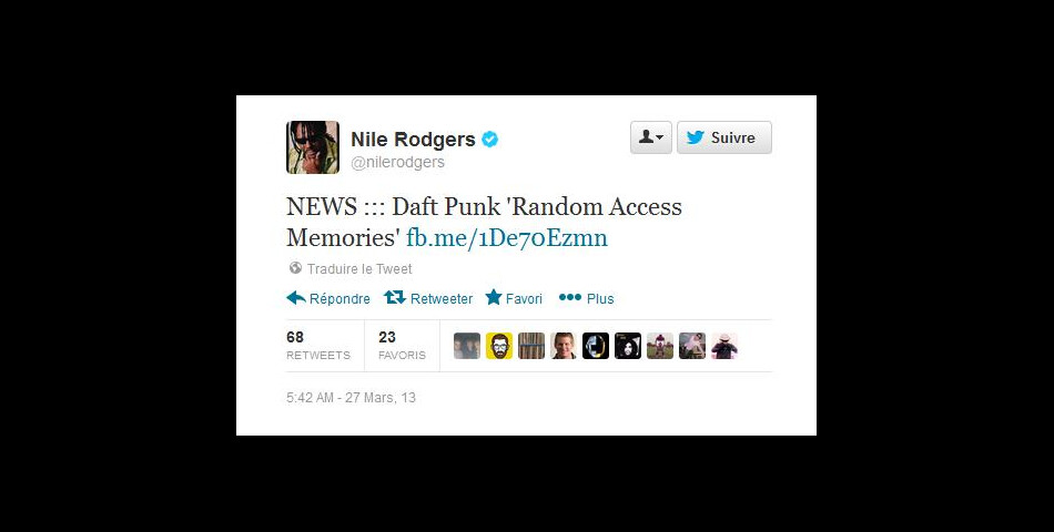 Nile Rodgers le leader de Chic a retweeté l&#039;article d&#039;iammusic.tv. Une manière de confirmer la participation de Pharrell à l&#039;album des Daft Punk ?