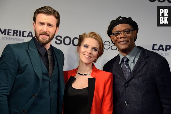 Captain America 2 : Scarlett Johansson, Chris Evans et Samuel Lee Jackson à l'avant-première à Paris le 17 mars 2014