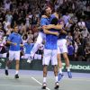 Jo Wilfried Tsonga, Arnaud Clément, Gaël Monfils... l'équipe de France de tennis fête sa victoire aux quarts de finale de la Coupe Davis face à l'Allemagne, le 6 avril 2014 à Nancy