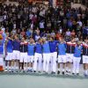 Jo Wilfried Tsonga, Arnaud Clément, Gaël Monfils... l'équipe de France de tennis fête sa victoire aux quarts de finale de la Coupe Davis face à l'Allemagne, le 6 avril 2014 à Nancy