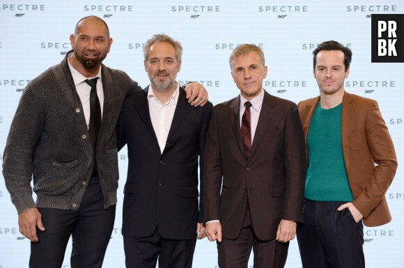 Dave Baustista, Sam Mendes, Christoph Waltz et Andrew Scott à l'annonce de James Bond 24 le 4 décembre 2014