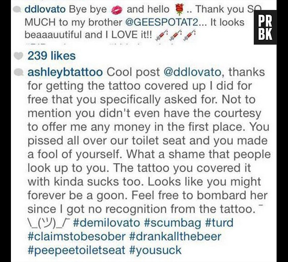 Demi Lovato remplace son tatouage de vagin par une rose : sur Instagram, son ancienne tatoueuse la clashe