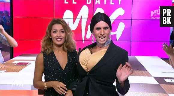 Benoit Dubois déguisé en Kim Kardashian dans le Daily Mag sur NRJ12, le 7 septembre 2015