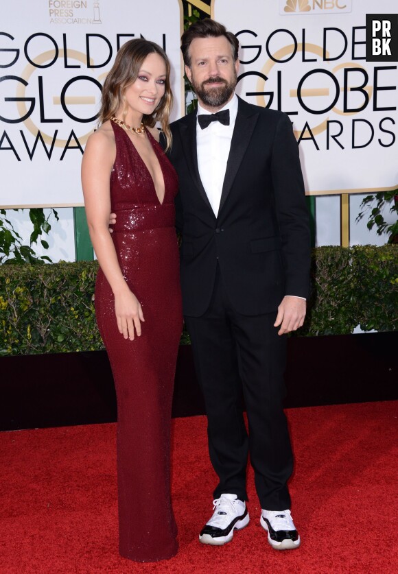 Olivia Wilde et Jason Sudeikis sur le tapis-rouge des Golden Globes 2016 le 10 janvier à Los Angeles